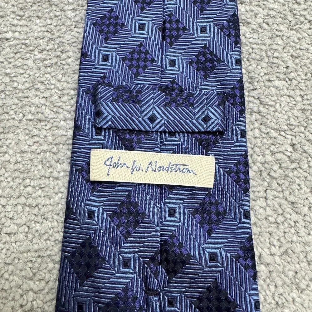 John W. Nordstrom Silk Necktie Men Blue Geometric Jacquard Made In Italy Classic
